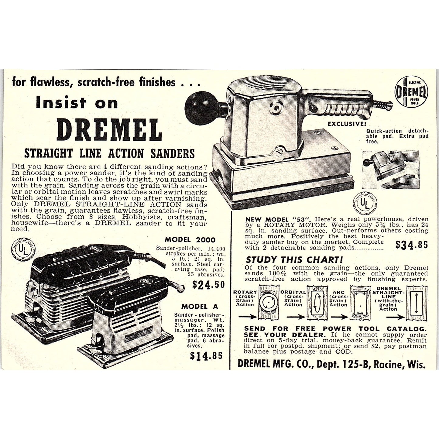 Dremel Straight Line Action Sanders Racine WI 1955 Ad AG1-5