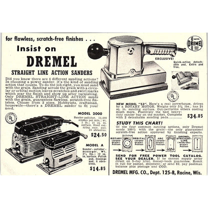 Dremel Straight Line Action Sanders Racine WI 1955 Ad AG1-5