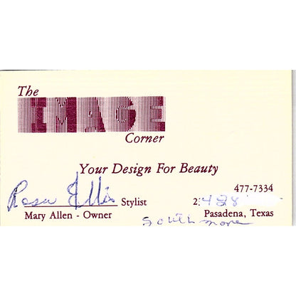 The Image Corner Beauty Salon Rosa Ellis Pasadena TX Vtg Business Card SC9-B5