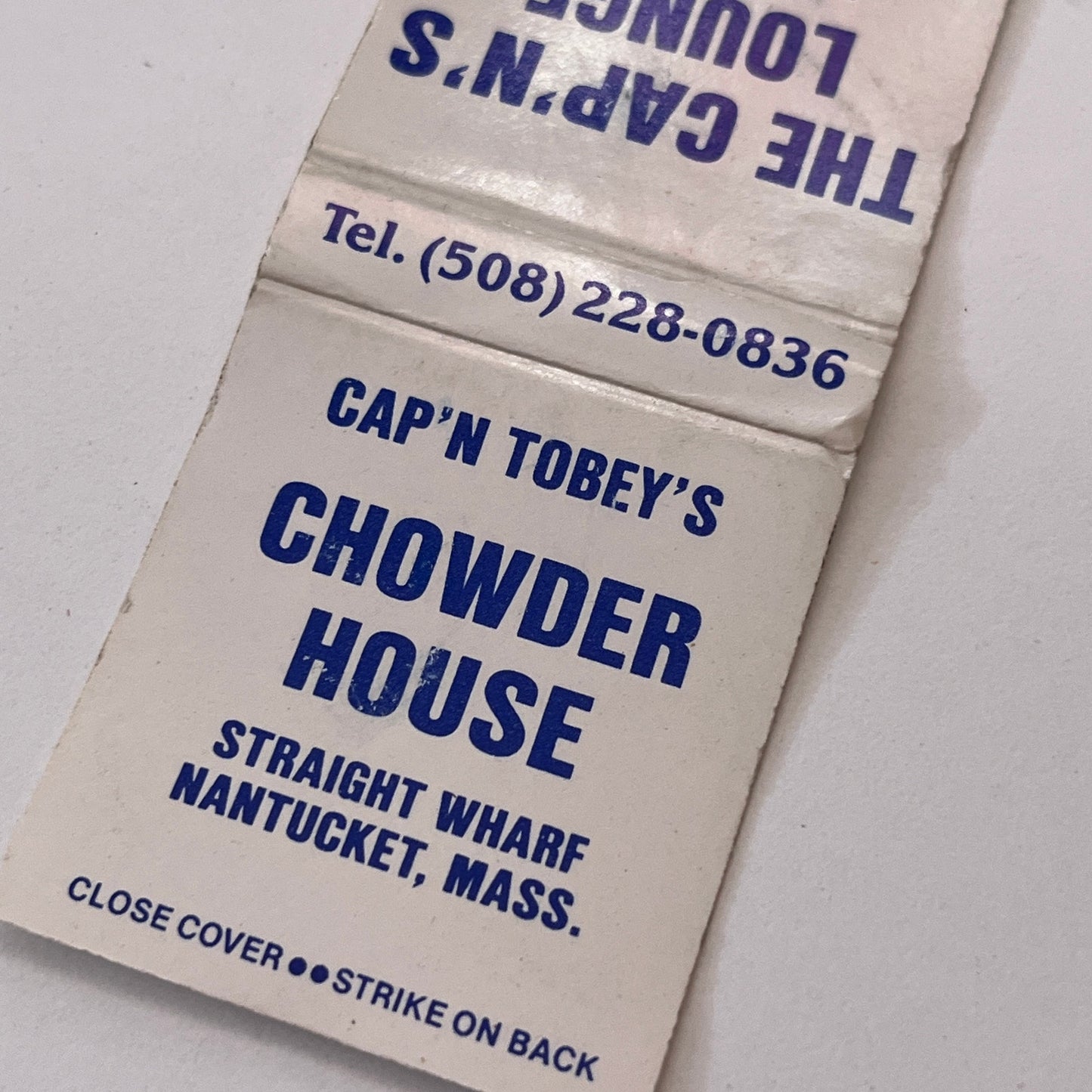 Cap'n Tobey's Chowder House Straight Wharf Nantucket Matchbook Cover TB6-MB1-10