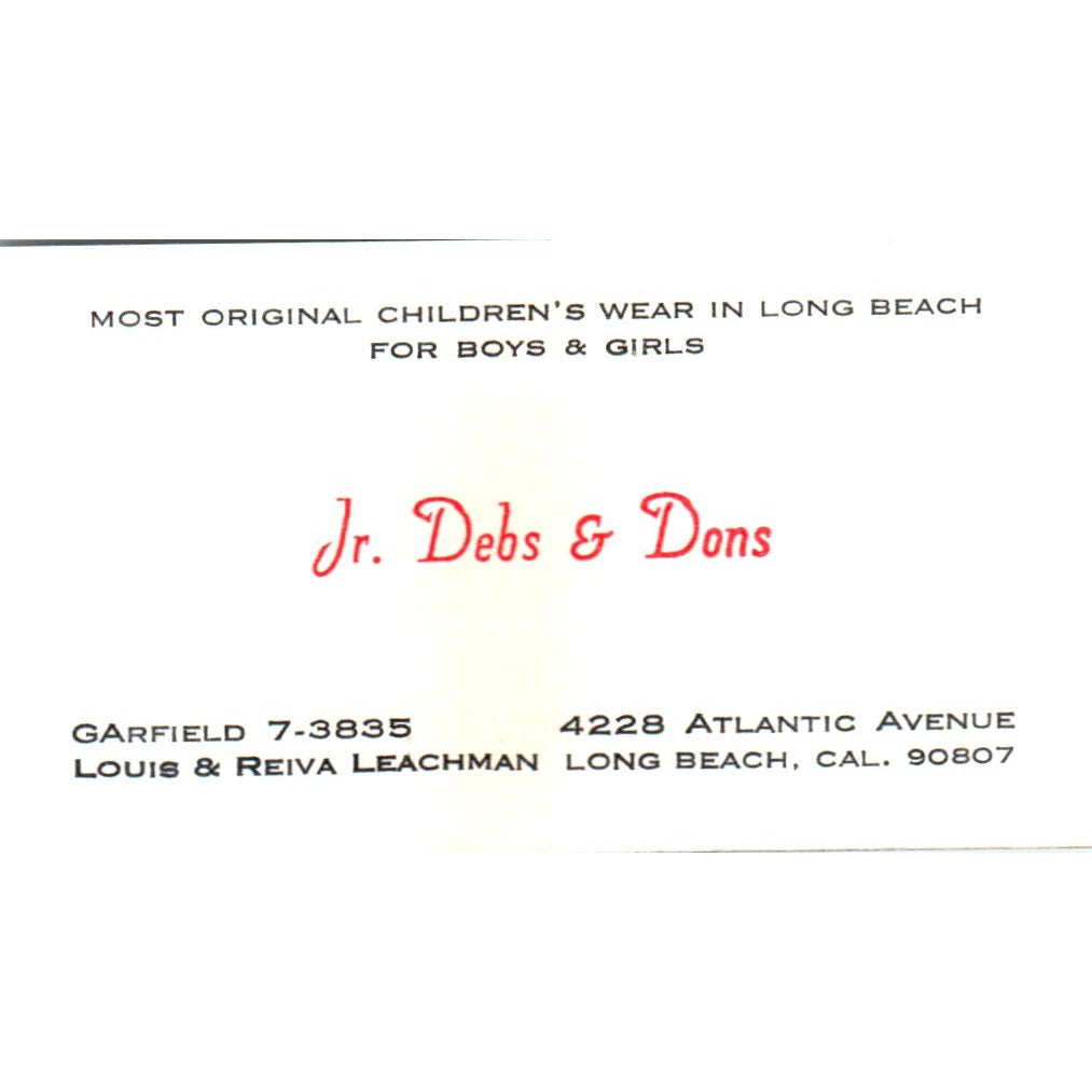 Jr. Debs & Dons Louis & Reiva Leachman Childrenswear Long Beach CA Card SE3-B7