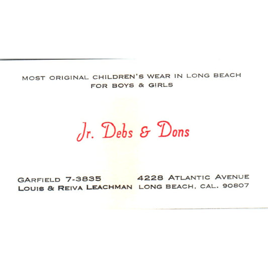 Jr. Debs & Dons Louis & Reiva Leachman Childrenswear Long Beach CA Card SE3-B7