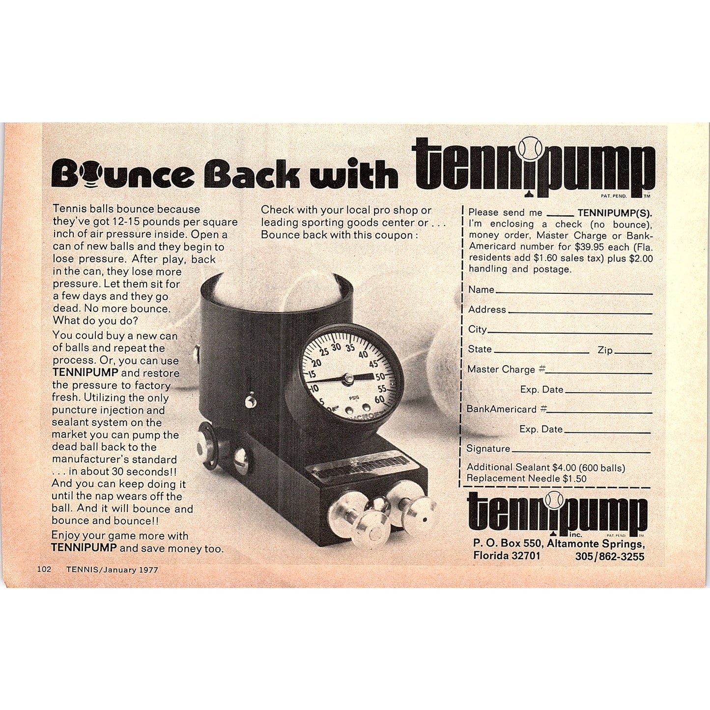 TenniPump Tennis Ball Bounce Machine Altamonte Spring FL 1977 Ad AF3-5