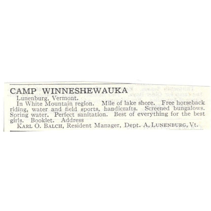 Camp Winneshewauka Lunenburg VT Karl O. Balch c1918 Advertisement AE5-SA4