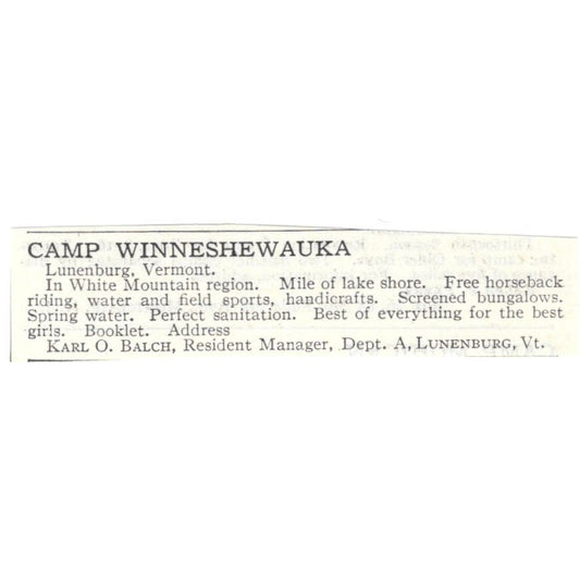 Camp Winneshewauka Lunenburg VT Karl O. Balch c1918 Advertisement AE5-SA4