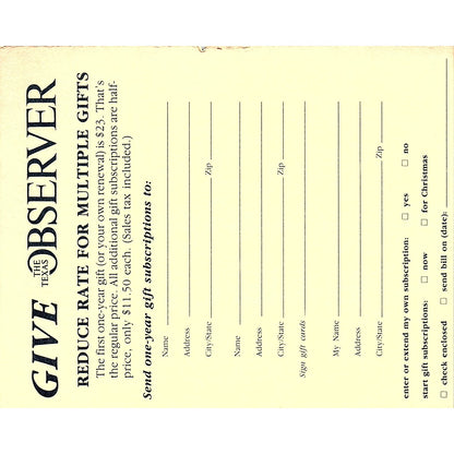 The Texas Observer Blank Postal Mailing Card Austin TX 1984 Ad AF6-7