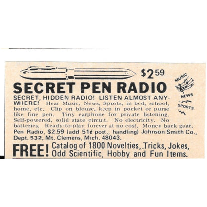 Secret Pen Radio Johnson Smith Co Mt. Clemens MI 1977 Ad AF6-S2