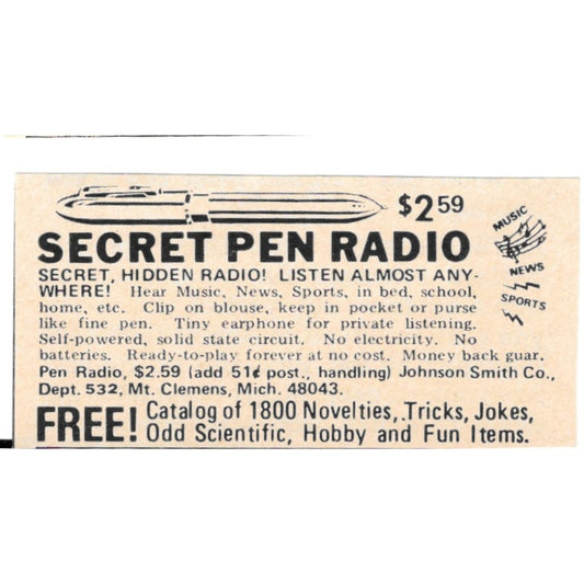 Secret Pen Radio Johnson Smith Co Mt. Clemens MI 1977 Ad AF6-S2