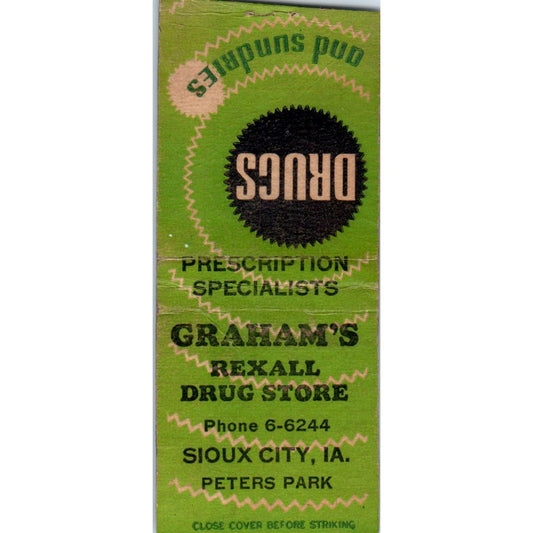Graham's Rexall Drug Store Sioux City IA Peters Park Vintage Matchbook SD4-Y16