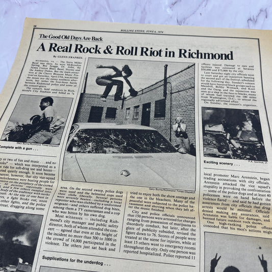 A Real Rock & Roll Riot in Richmond Article Glenn Frankel 11x14.5" 1974 Ad V14-2