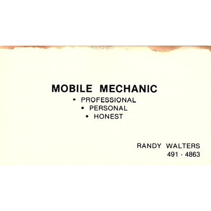Randy Walters Mobile Mechanic Vintage Business Card SE3-B13