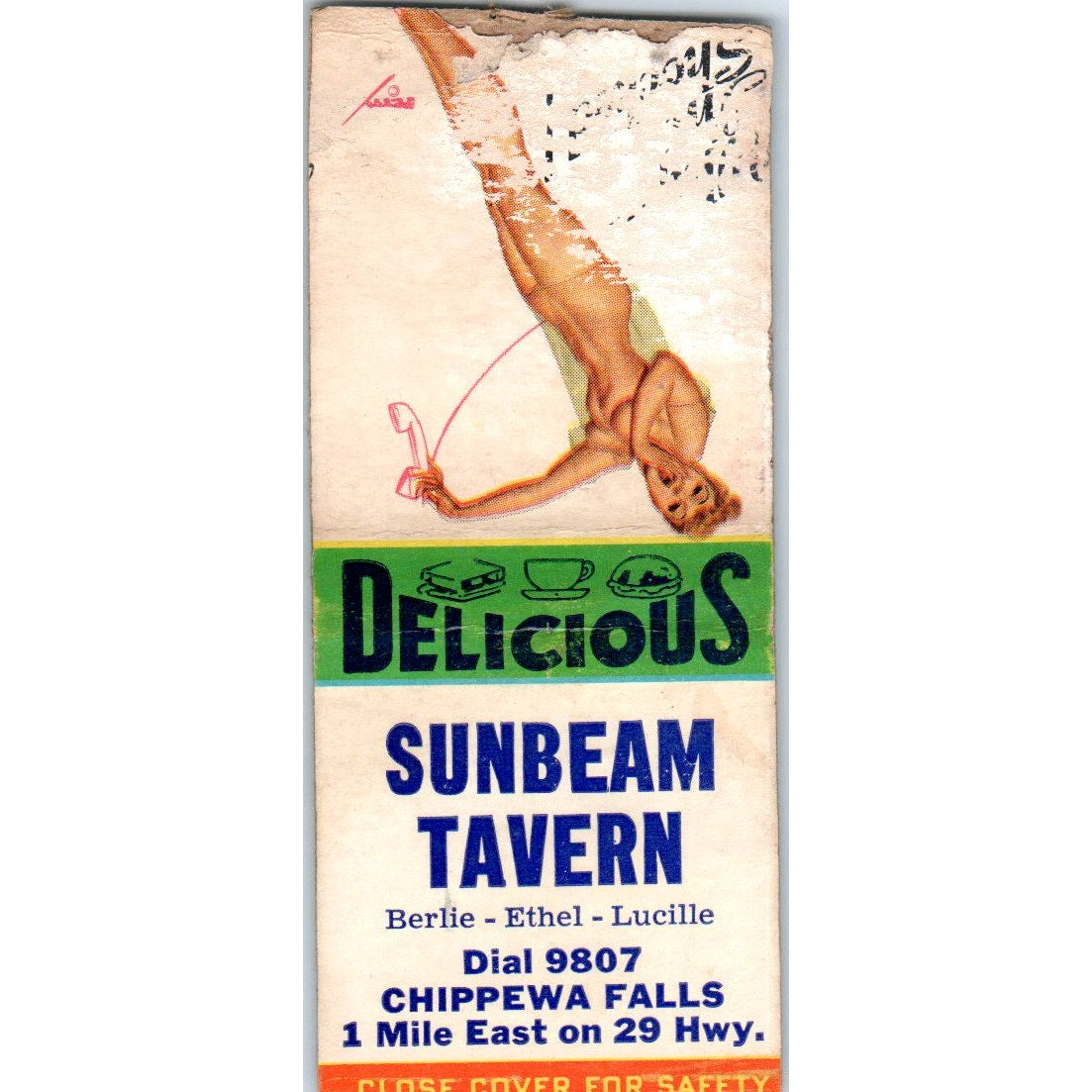Sunbeam Tavern Berlie Ethel Lucille Chippewa Falls WI Pinup Vtg Matchbook SD4-Y9