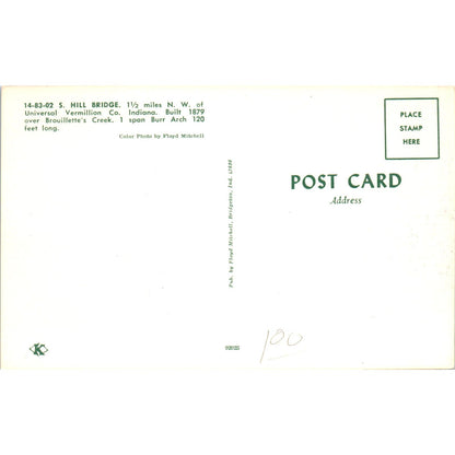 S. Hill Bridge Vermillion Co IN Brouillette's Creek Covered Bridge Postcard PC8