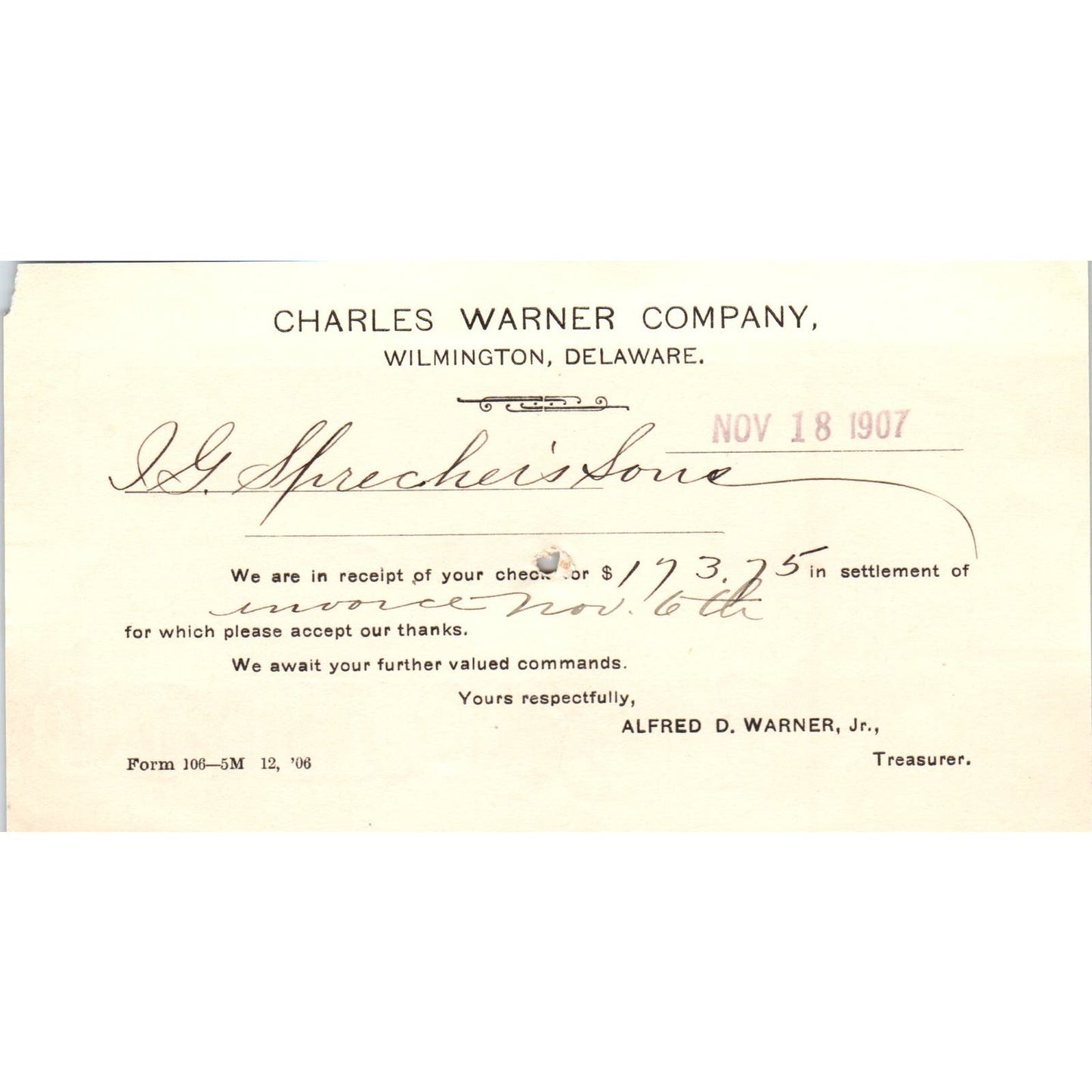 1907 Charles Warner Company Wilmington DE Payment Receipt Postal Card AE8