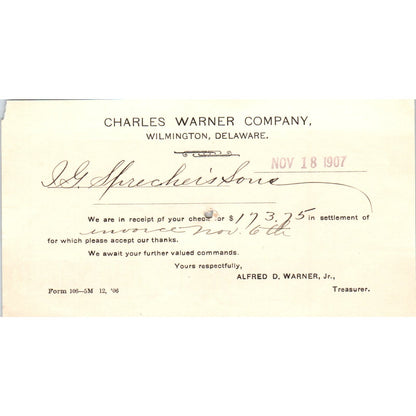 1907 Charles Warner Company Wilmington DE Payment Receipt Postal Card AE8