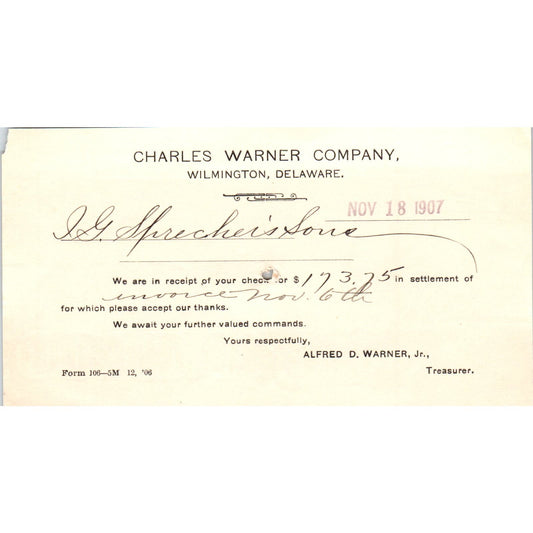 1907 Charles Warner Company Wilmington DE Payment Receipt Postal Card AE8