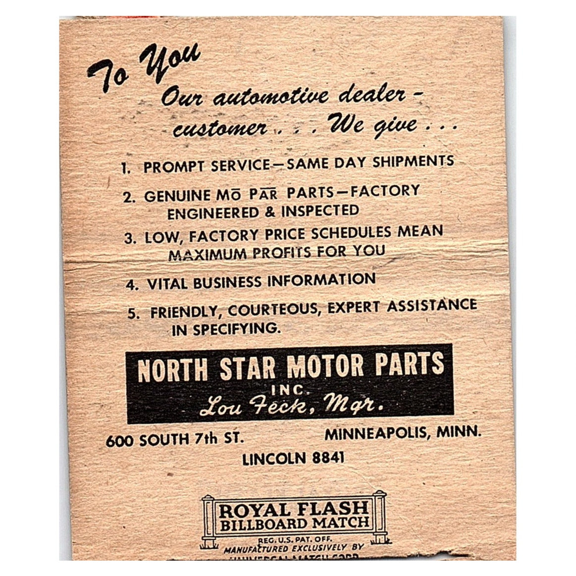 North Star Motor Parts MoPar Minneapolis Vintage Large Matchbook Cover TH2-Y4