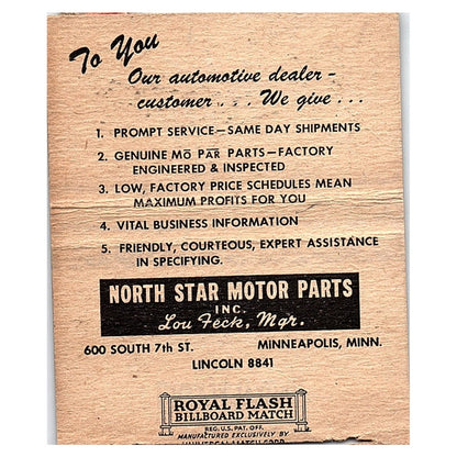 North Star Motor Parts MoPar Minneapolis Vintage Large Matchbook Cover TH2-Y4