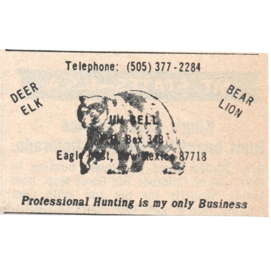 Jim Bell Professional Hunting Eagle Nest New Mexico 1977 Ad AF6-M4