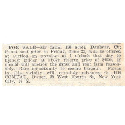 Danbury CT Farm for Sale O. De Comeau NY 1905 Magazine Ad AF1-NES2