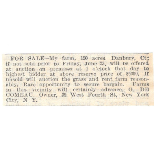 Danbury CT Farm for Sale O. De Comeau NY 1905 Magazine Ad AF1-NES2