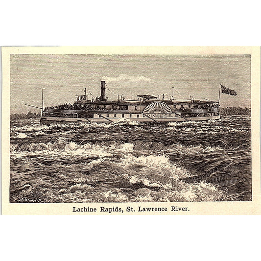 Steamboat on Lachine Rapids, St. Lawrence River 3x4" 1901 Engraving AF6-M10