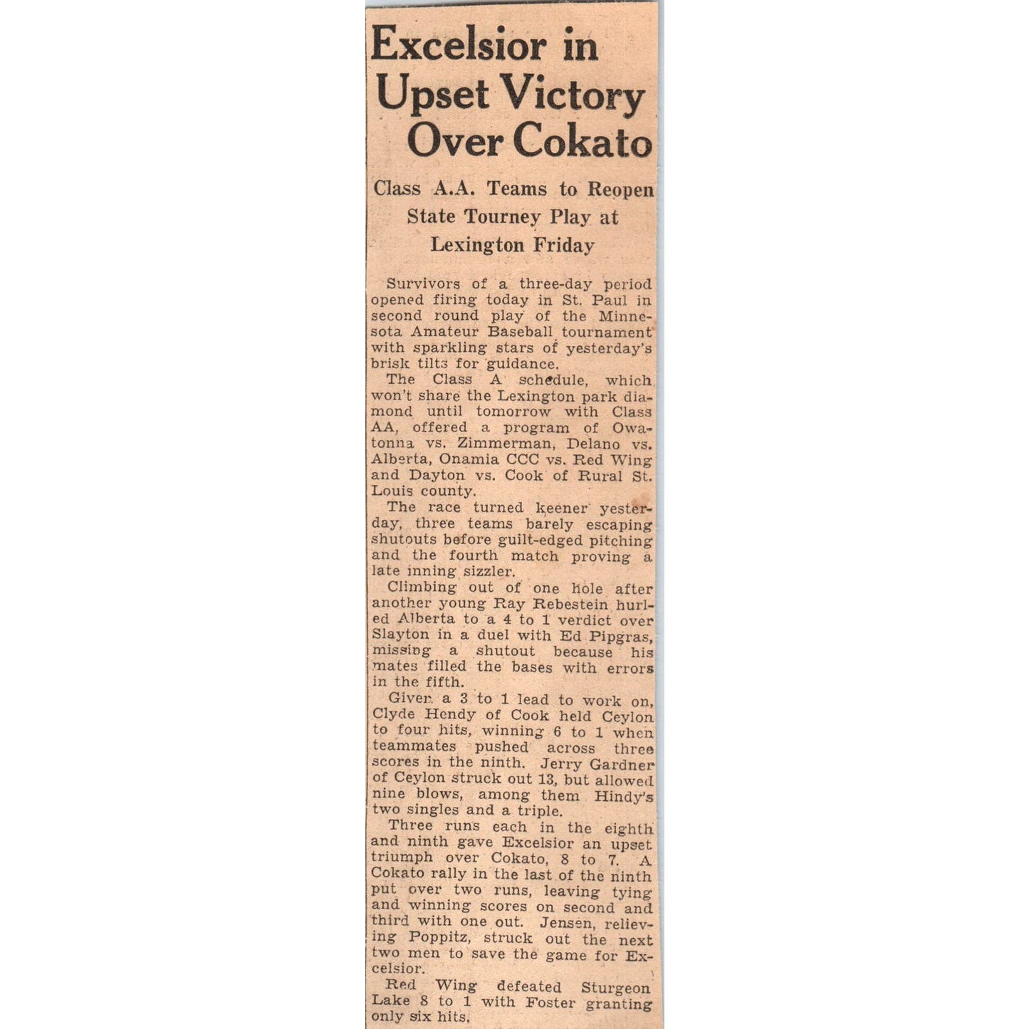 Baseball AA Excelsior Beats Cokato 1935 Minneapolis Journal Article AE7-N4