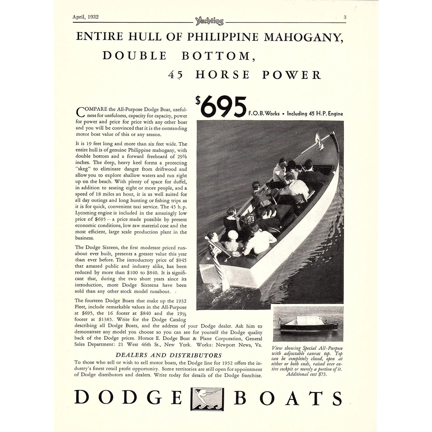Dodge Boats, Henry J. Gielow Yacht Designer 1932 Ad V1-4