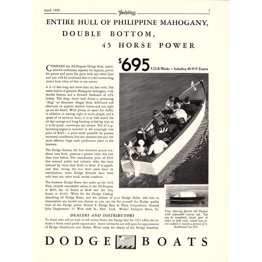 Dodge Boats, Henry J. Gielow Yacht Designer 1932 Ad V1-4