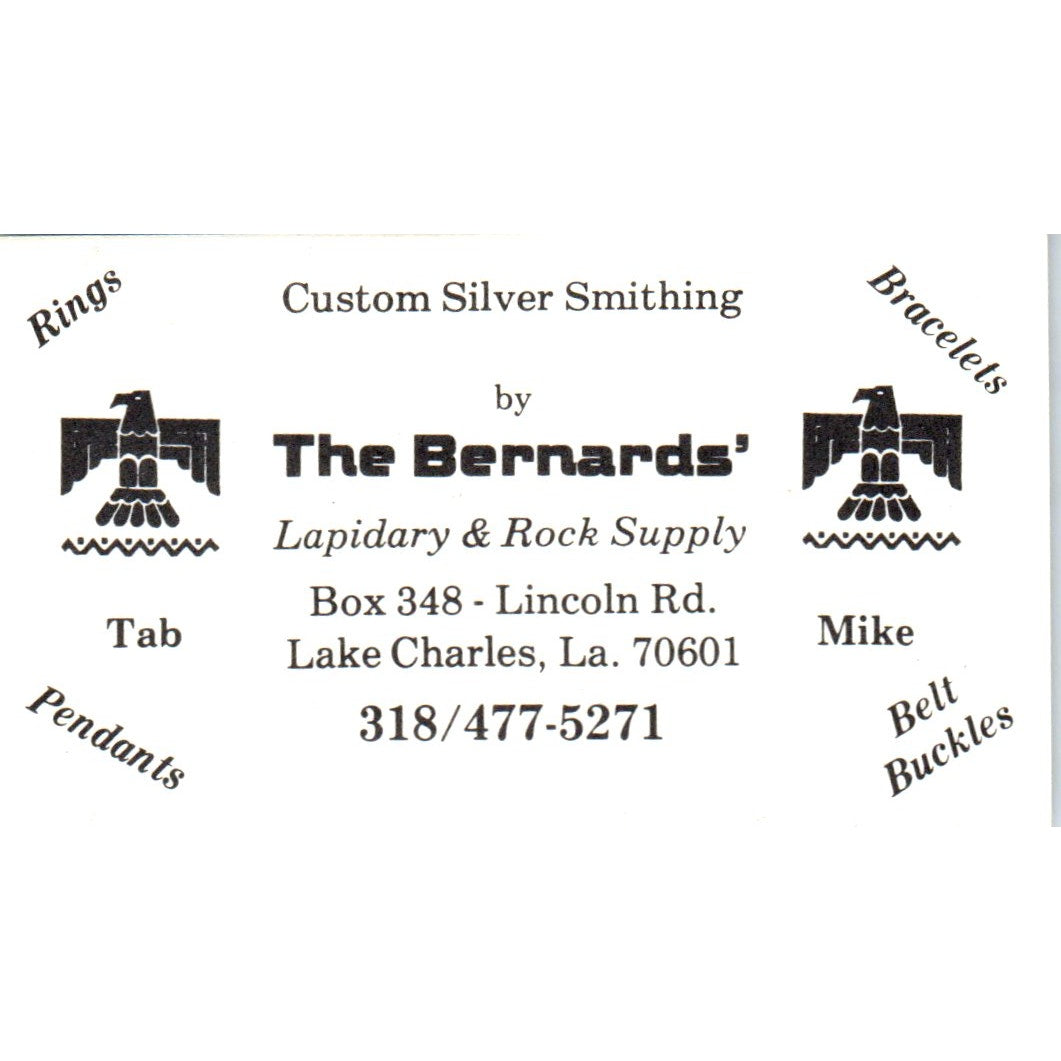 The Bernards Lapidary Silversmithing Lake Charles LA Vtg Business Card SD8-B6