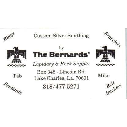 The Bernards Lapidary Silversmithing Lake Charles LA Vtg Business Card SD8-B6
