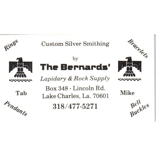 The Bernards Lapidary Silversmithing Lake Charles LA Vtg Business Card SD8-B6