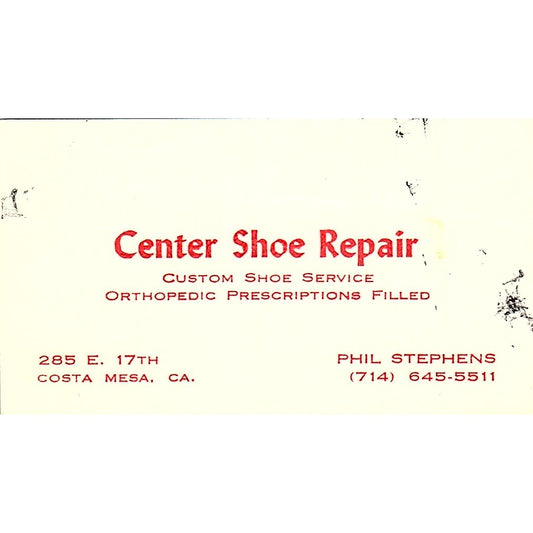 Center Shoe Repair Costa Mesa CA Vintage Business Card SB4-B7