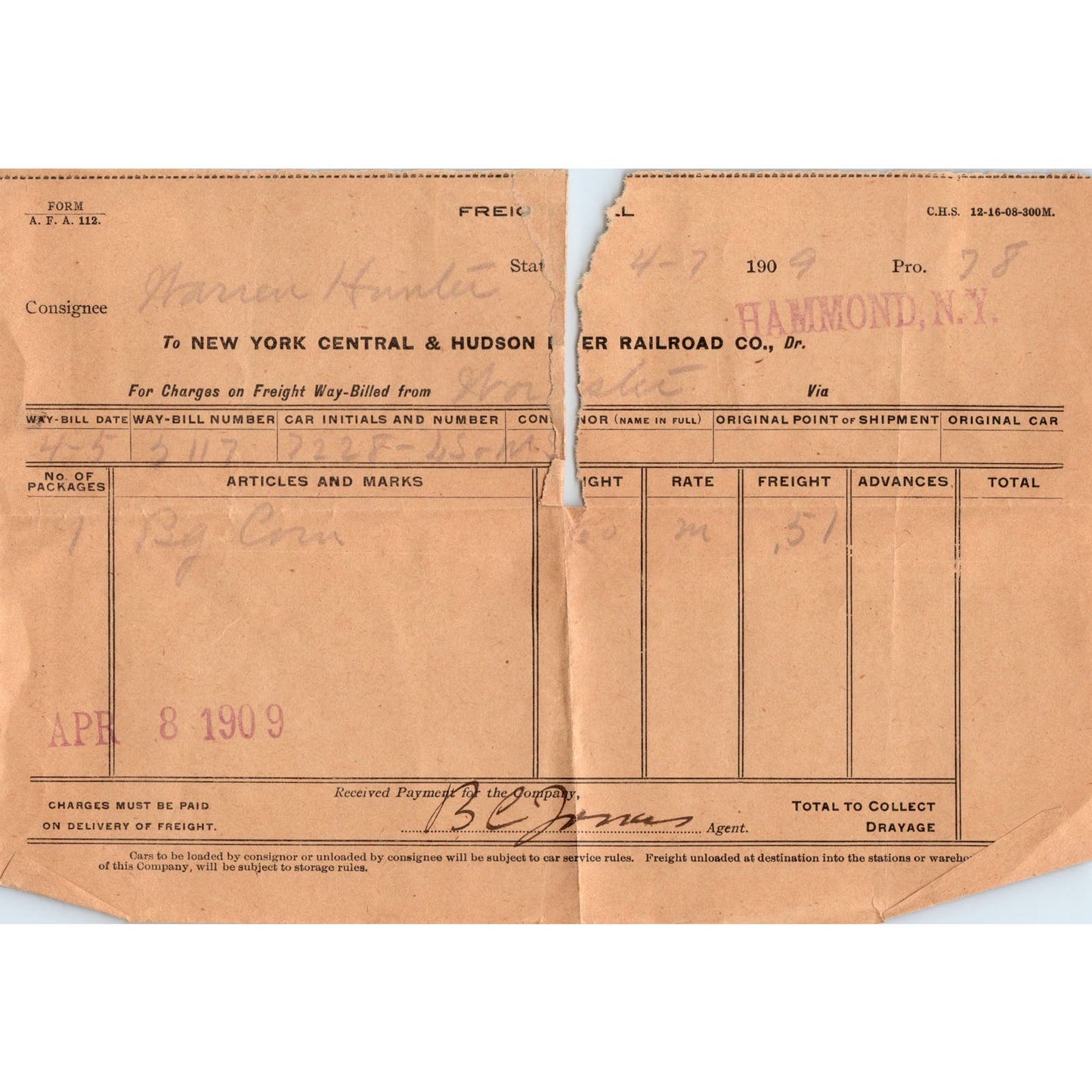 1909 Freight Bill New York Central & Hudson RR Hammond NY AE6