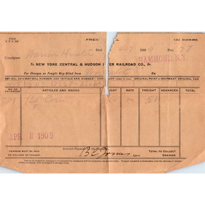 1909 Freight Bill New York Central & Hudson RR Hammond NY AE6