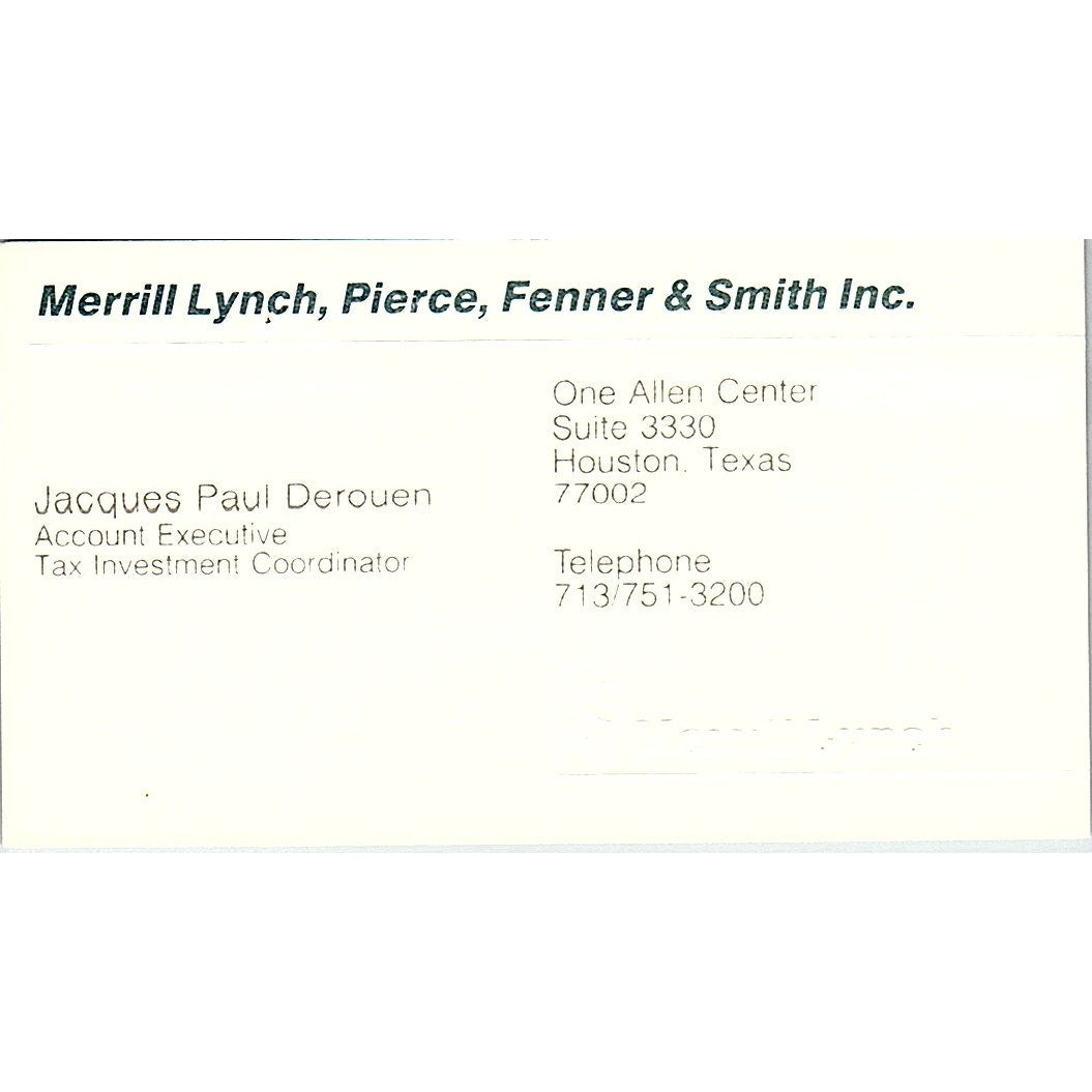 Merrill Lynch Pierce Fenner & Smith Jacques Paul Derouen Houston TX Card SF3-B6
