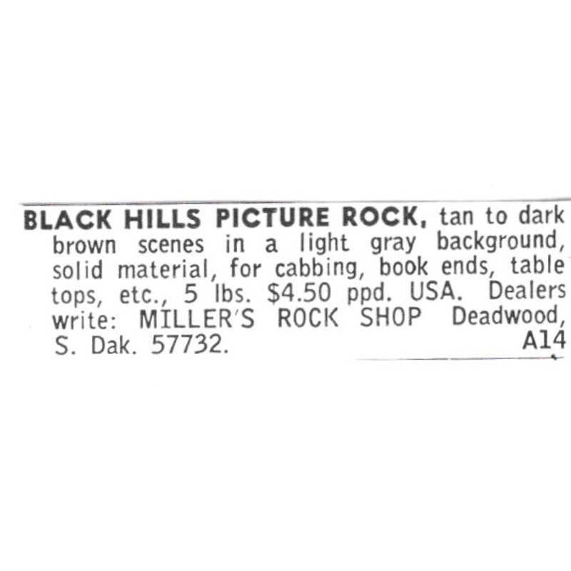 Miller's Rock Shop Black Hills Picture Rock Deadwood SD 1972 Ad AF8-S12
