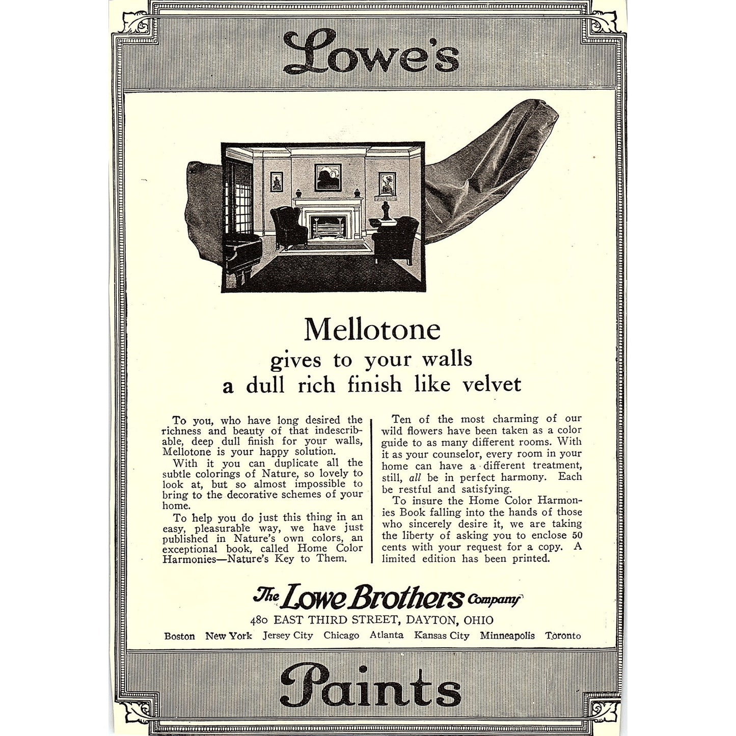 Lowe's Mellotone Finish The Lowe Brothers Co Dayton Ohio c1920 Ad AF8-8