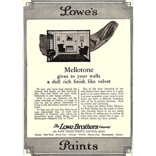 Lowe's Mellotone Finish The Lowe Brothers Co Dayton Ohio c1920 Ad AF8-8