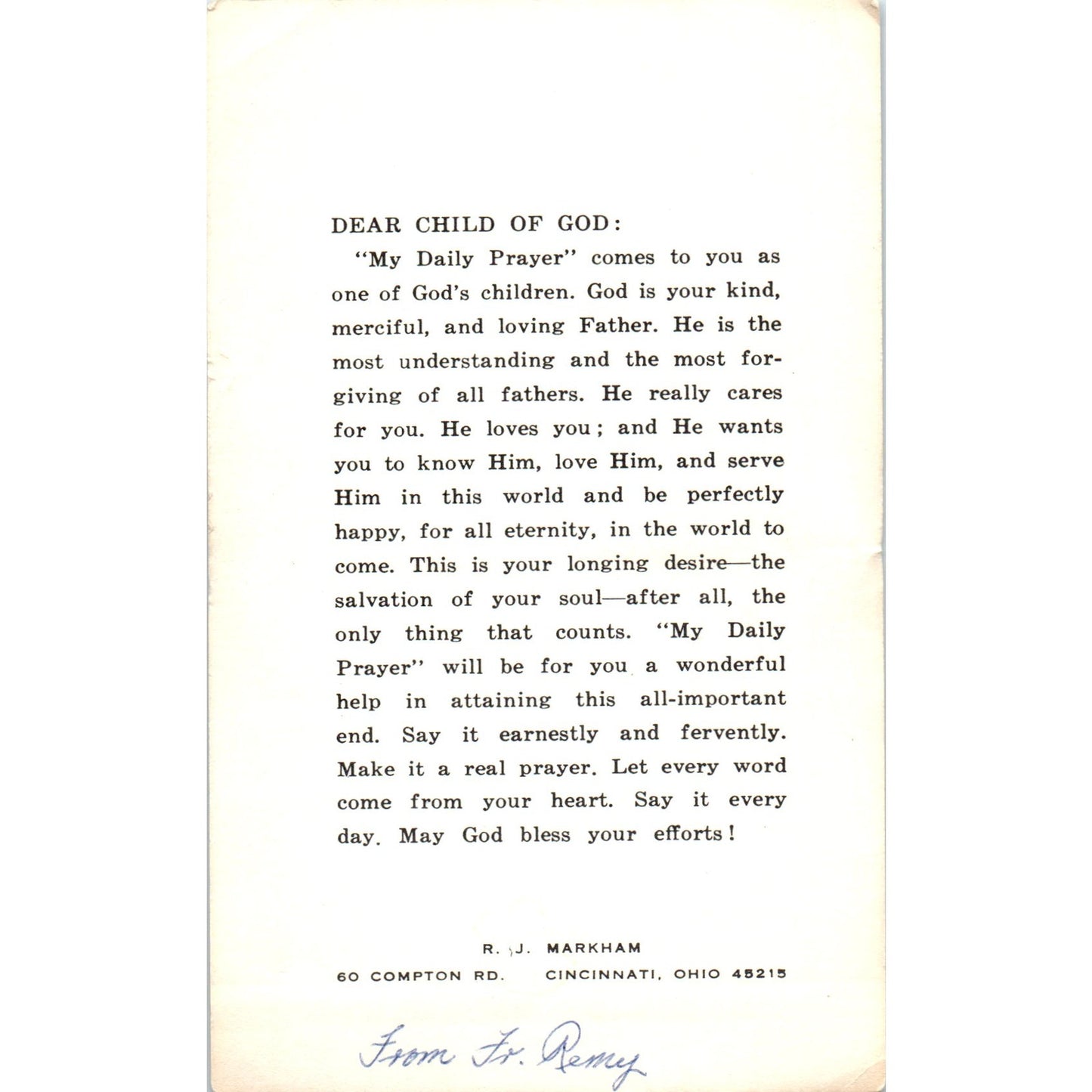 My Daily Prayer Fr. Remy Vintage Catholic Prayer Card TH2-PC1