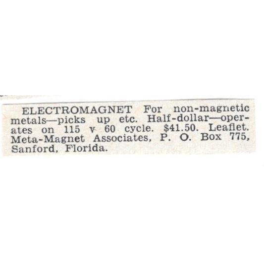 Electromagnet - Mega-Magnet Associates, Sanford Florida 1955 Ad AG1-S7