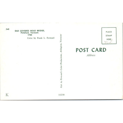 Old Covered Mead Bridge Pittsford VT Covered Bridge Postcard PB11
