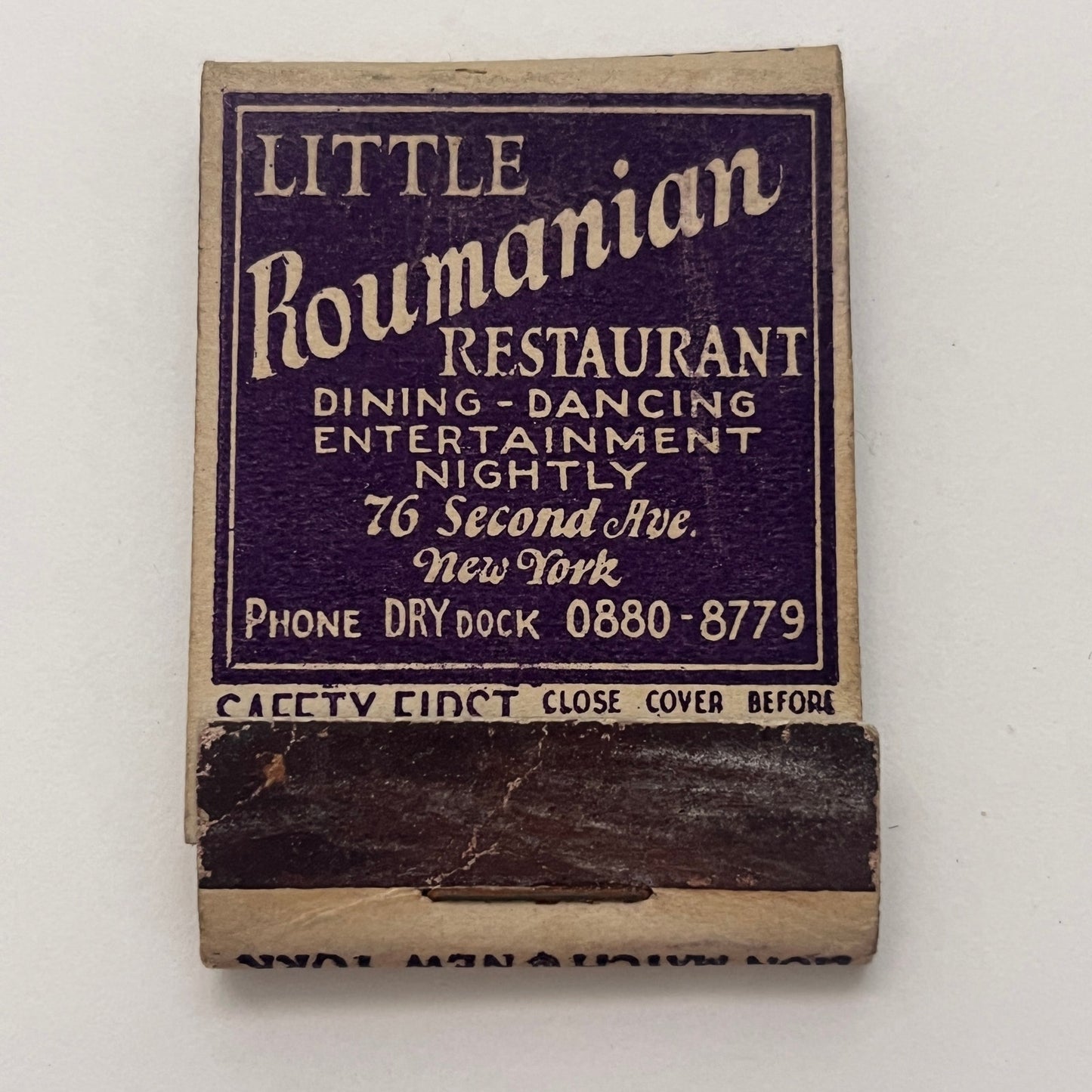 Little Roumanian Restaurant 76 2nd Ave NY Vintage Matchbook Cover TB8-MB-1