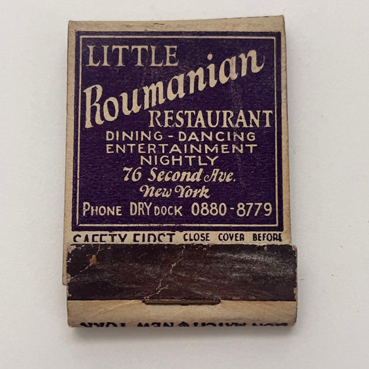 Little Roumanian Restaurant 76 2nd Ave NY Vintage Matchbook Cover TB8-MB-1