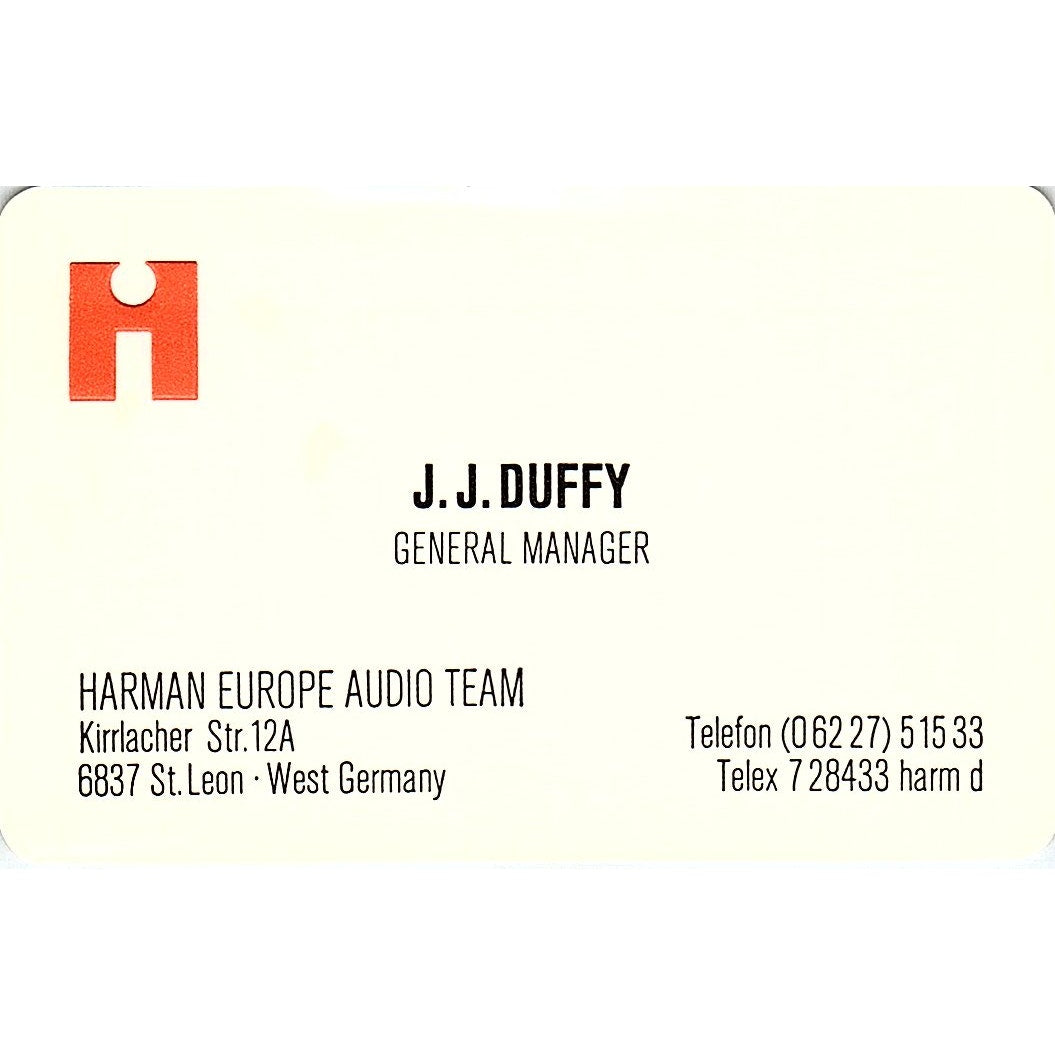 J.J. Duffy Harman Europe Audio Team West Germany Vintage Business Card ML1-6