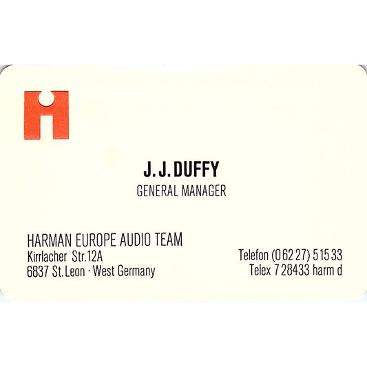 J.J. Duffy Harman Europe Audio Team West Germany Vintage Business Card ML1-6