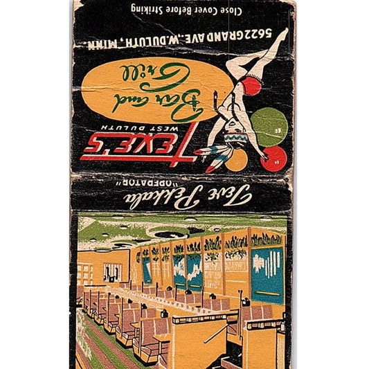 Teve's West Duluth Bar and Grill Teve Pekkala MN Pinup Matchbook Cover SF3-Y4