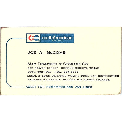 Mac Transfer & Storage Co Joe A McComb Corpus Christi Texas Business Card SB4-B6