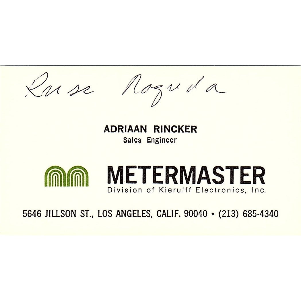 Metermaster Kieruiff Electronics Adriaan Rincker L.A. Calif Business Card SF3-B7