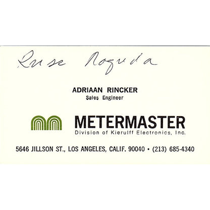 Metermaster Kieruiff Electronics Adriaan Rincker L.A. Calif Business Card SF3-B7